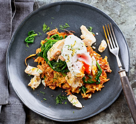 Parsnip latkes with smoked haddock & poached egg