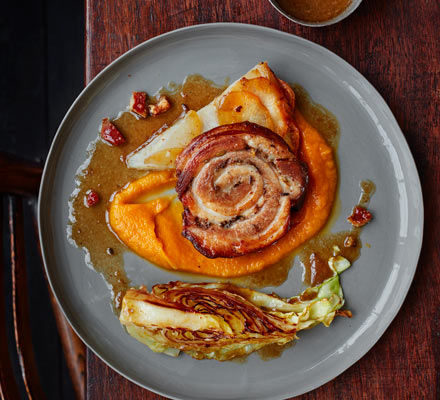 Twice-cooked pork belly with cider sauce