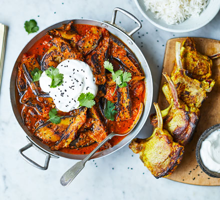 Aubergine curry with lamb cutlets