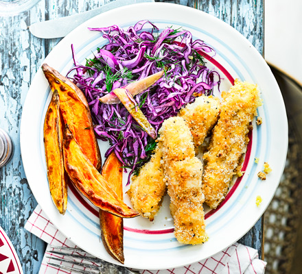 Crispy cod fingers with wedges & dill slaw