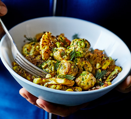 Chicken meatballs with quinoa & curried cauliflower