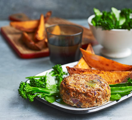 Lean turkey burger with sweet potato wedges