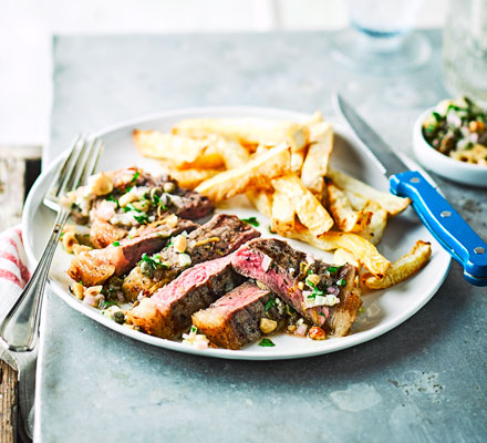 Lemon pepper steaks with hazelnut salsa verde