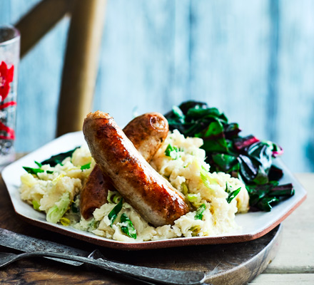 Herby sausages with butter bean mash