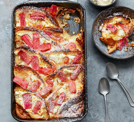 Rhubarb and ricotta bread & butter pudding