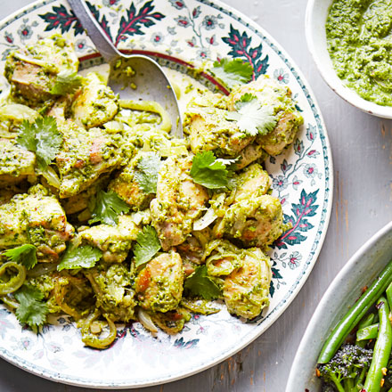 Coriander chicken with rice & spiced vegetables