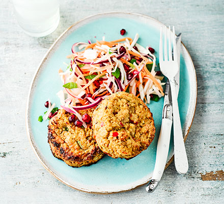 Miso burgers with mint & pomegranate slaw