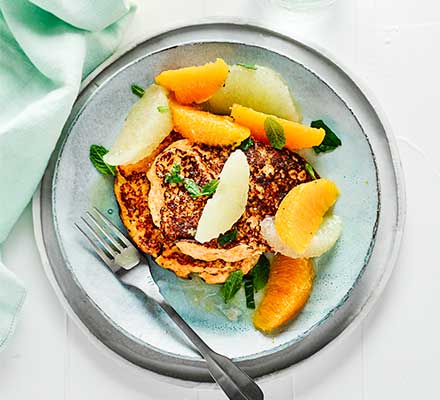 Sweet potato pancakes with orange & grapefruit