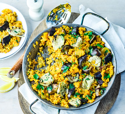 Paella recipes bbc good food Artichoke Aubergine Rice Bbc Good Food Middle East