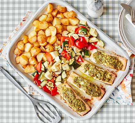 Salmon pesto traybake with baby roast potatoes