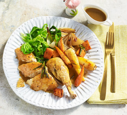 Roast chicken with garlic & rosemary root veg