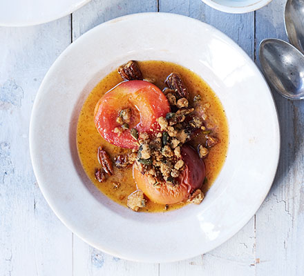 Fino & butter poached peaches with ginger pecan crunch