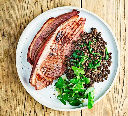 Gammon with watercress & mustard lentils