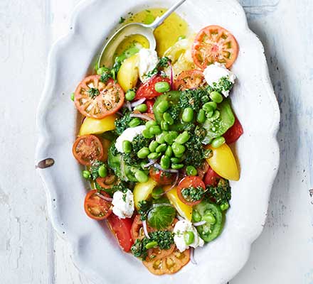 Tomato salad with ricotta, broad beans & salsa verde