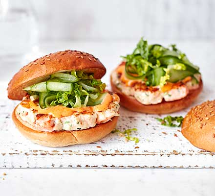 Prawn & salmon burgers with spicy mayo