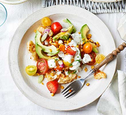 Tomato, avocado & corn salad with migas & buttermilk dressing