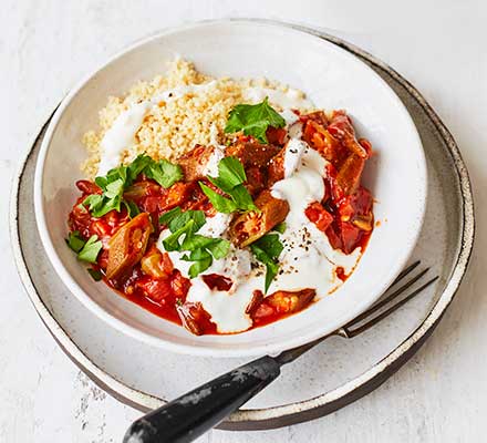 Okra with tomato sauce & couscous