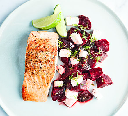 Salmon with beetroot, feta & lime salsa