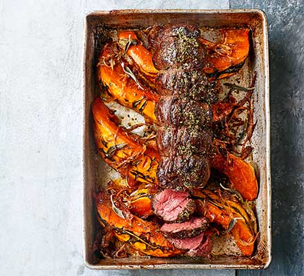 Roast venison loin with pumpkin & Sichuan salt