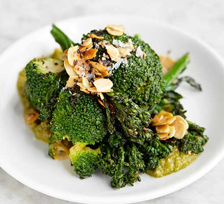 Sprouting broccoli, green romesco & almonds