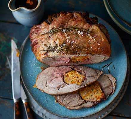 Roast lamb stuffed with apricot & mint