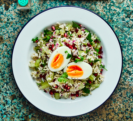 Brown rice tabbouleh with eggs & parsley