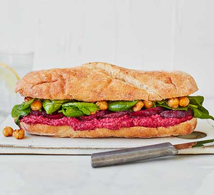 Beetroot, hummus & crispy chickpea sub sandwich