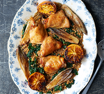 Roast chicken with oranges, chicory & spelt