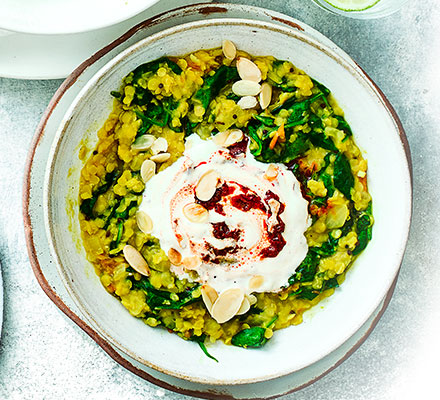 Spinach dhal with harissa yogurt