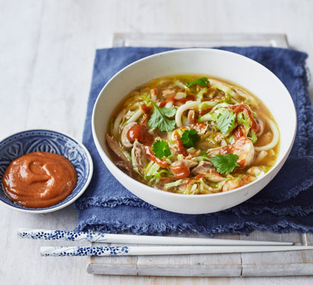 Chinese chicken noodle soup with peanut sauce
