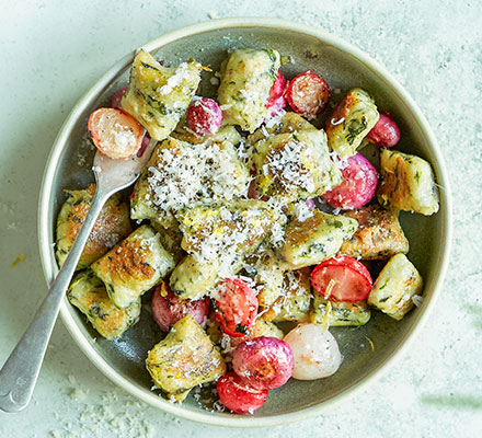 Watercress gnocchi with roasted radishes & lemon