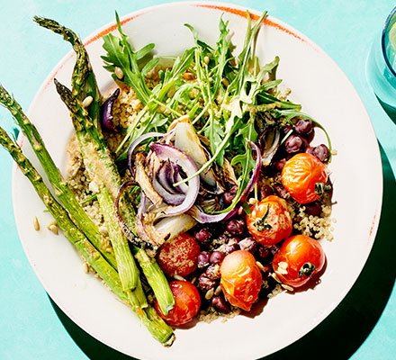 Roast asparagus bowls with tahini lemon dressing