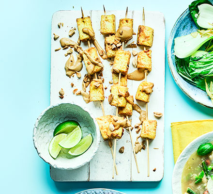 Satay tofu skewers with garlic & ginger pak choi