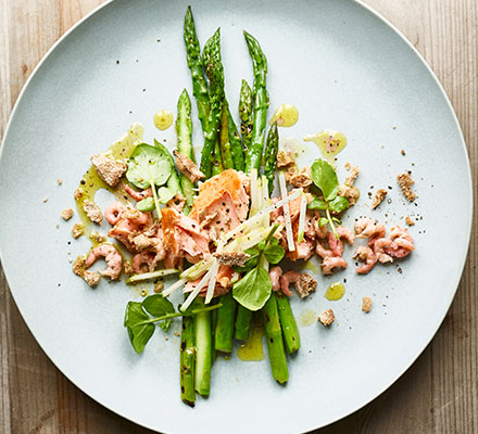 Charred asparagus, smoked salmon, shrimp & rye crumb