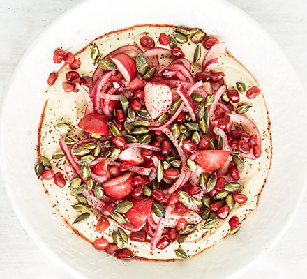 Hummus with pickled red onion & pomegranate seeds