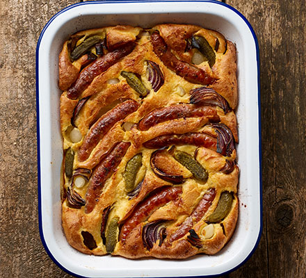 Sausage, gherkin & pickled onion toad-in-the-hole
