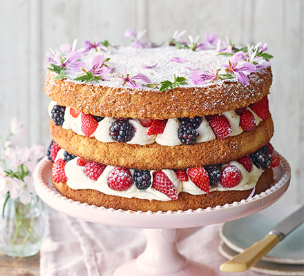 Summer berry cake with rose geranium cream