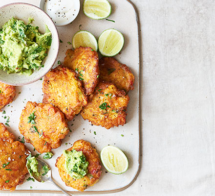 Chipotle, corn & prawn fritters with avocado purée