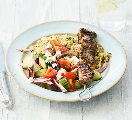 Pork souvlaki with Greek salad & rice