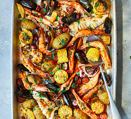 One-pan seafood roast with smoky garlic butter
