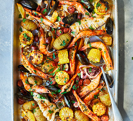 One Pan Seafood Roast With Smoky Garlic Butter Bbc Good Food Middle East