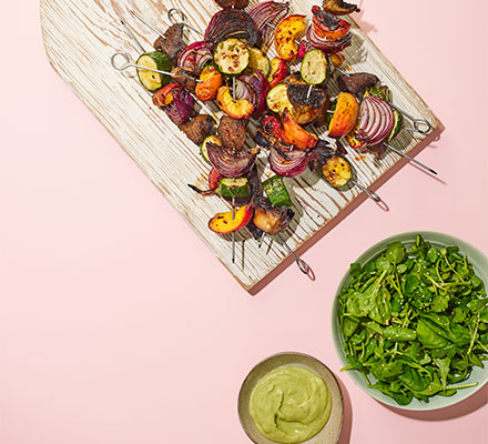 Vegan kebabs with avocado dressing