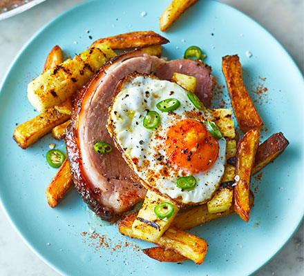 Island-style ham, pineapple egg & chips