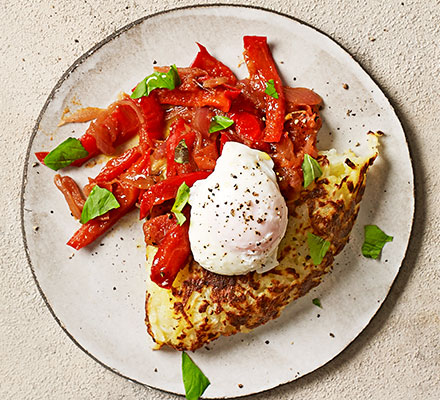 Potato röstis with peperonata & poached eggs