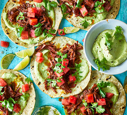 Barbacoa beef tacos with pickled watermelon & avocado sauce
