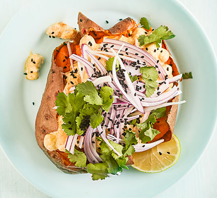 Sweet potato jacket with Coronation chickpeas