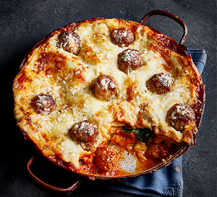 Three-cheese meatball lasagne