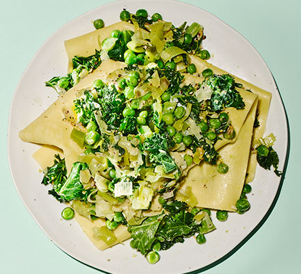 Pea & leek open lasagne