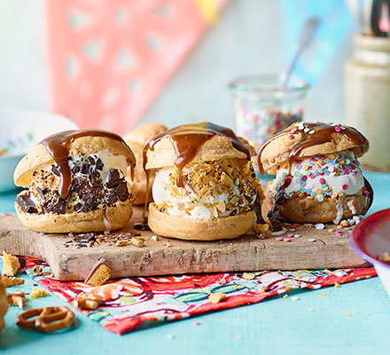 Profiterole & salted toffee ice cream sandwiches