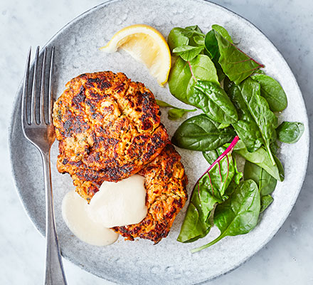 Salmon, sweet potato & coriander fishcakes with tahini dressing